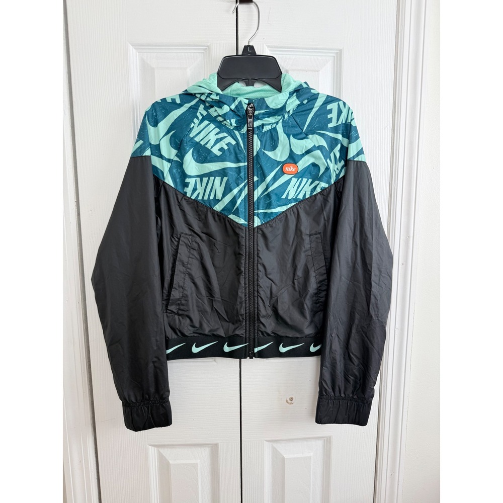 Nike Windrunner Hooded Jacket XL Kids Teal Black Logo Print Sporty Athleisure